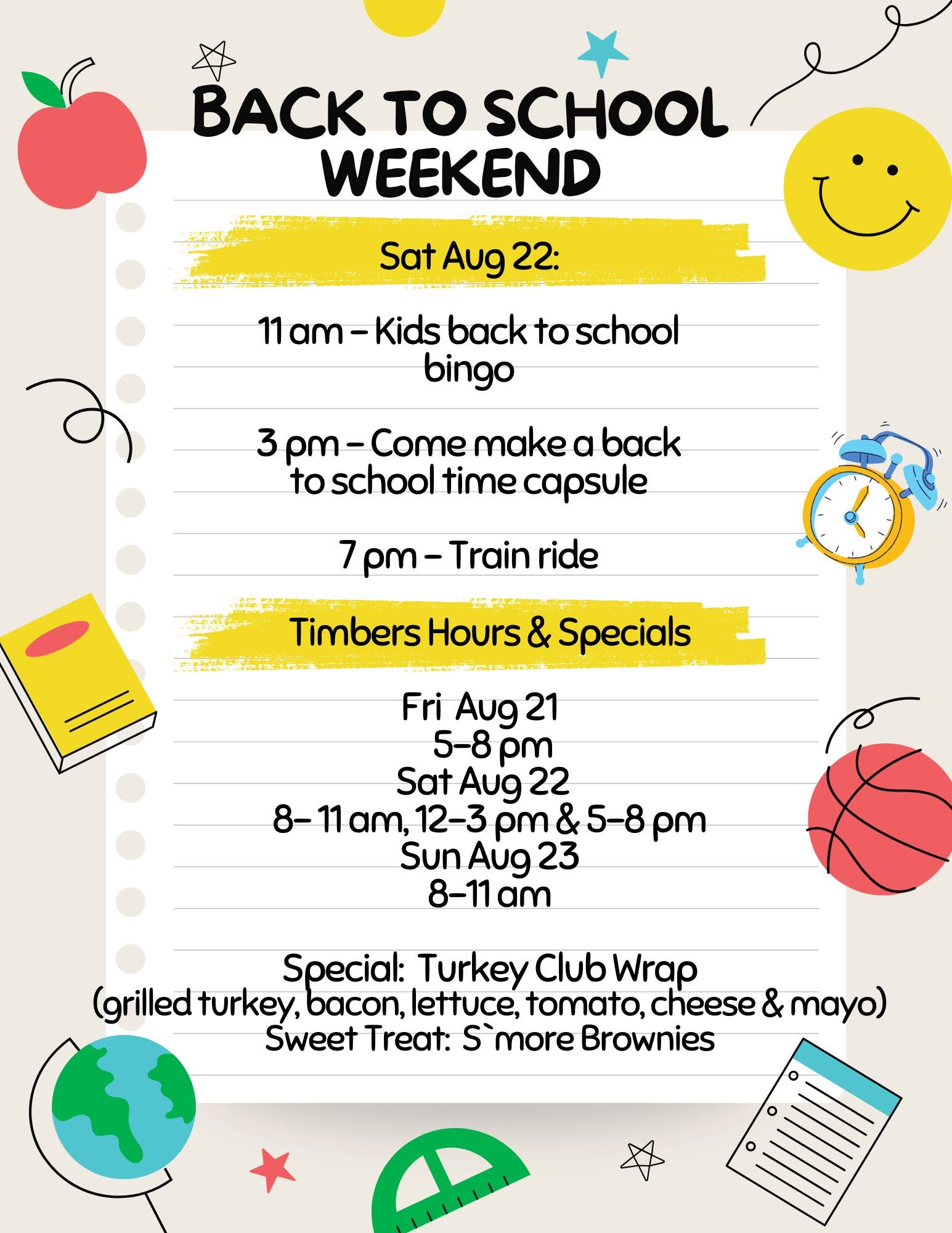 Gateway Park Campground Back to School Weekend & Timbers Eats & Treats Specials Back to School Weekend at Gateway Park Campground with kids activities, a train ride, and hours and food specials from Timbers Eats & Treats.